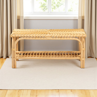 Banc d'appoint moderne de style bohémien avec construction naturelle, siège rectangulaire, une tablette ouverte, ornements enroulés et structure ajourée, couleur brune, 16,38 po de profondeur, 39,36 de largeur, 18,54 de hauteur, 13,95 lb