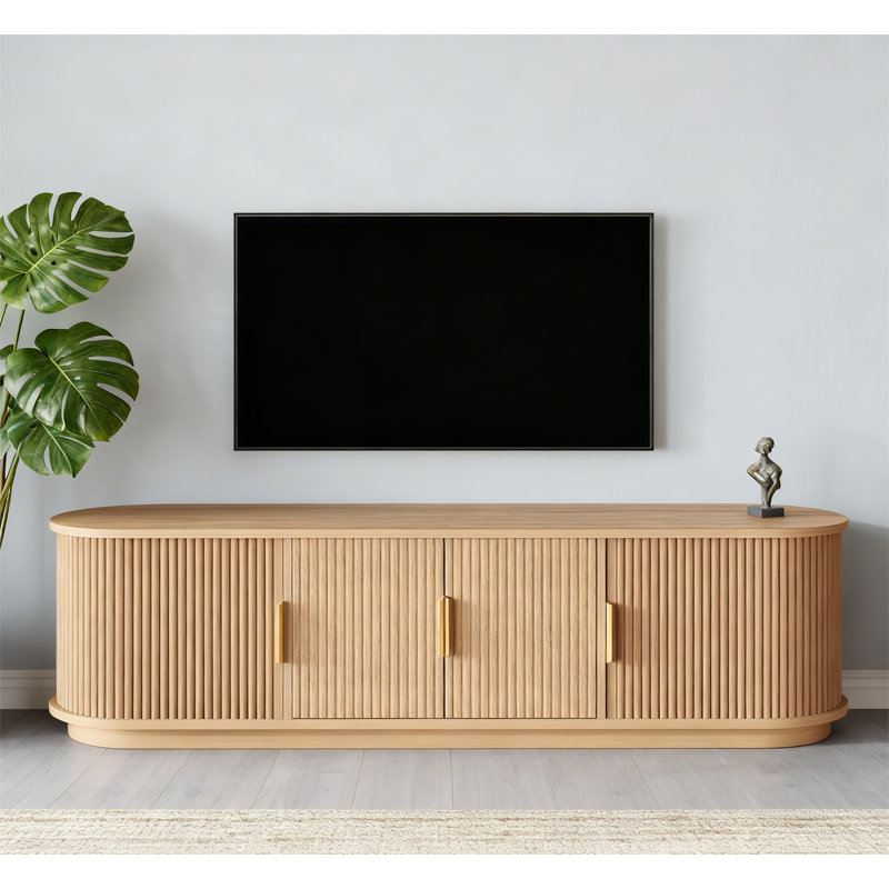 Farmhouse Wooden TV Stand with Sliding Tambour Door, Natural