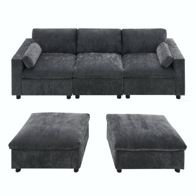 Canapé modulaire de 84,5 po avec poches de rangement, ensemble de canapé en chenille en forme de U à 5 sièges avec coussins, canapé à combinaison libre avec repose-pieds mobile