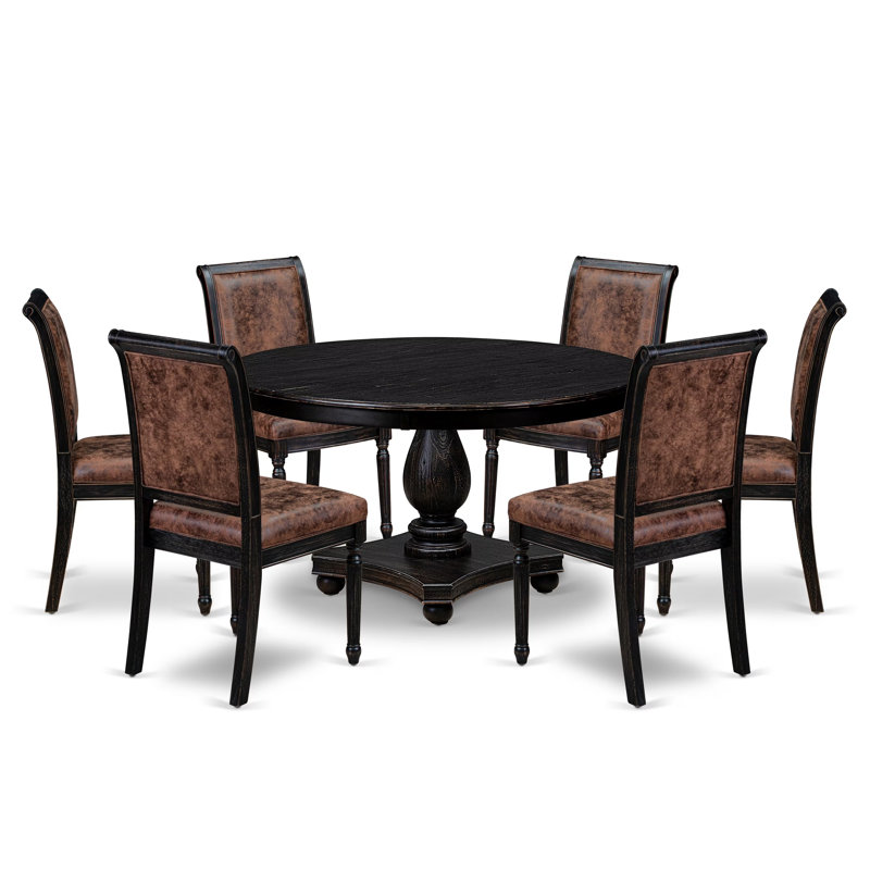 Ensemble de salle à manger 7 pièces avec 6 chaises de cuisine en polyester texturé brun, haut dossier et une table moderne au fini noir sablé.