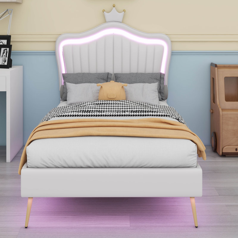 Structure de lit tapissier avec lumières DEL, lit plateforme en similicuir moderne avec tête de lit tapissier Crown, Blanc