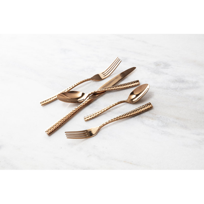 Fortessa Lucca Faceted 18/10 Stainless Steel 20 Piece Flatware Set, Service for 4, Copper Rose, Copper Rose
