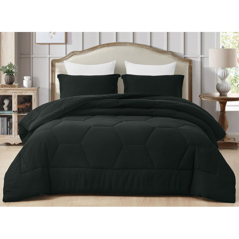 Washed Microfiber Bedding Honeycomb Comforter Set, Twin Comforter + 1 Standard Sham, Black