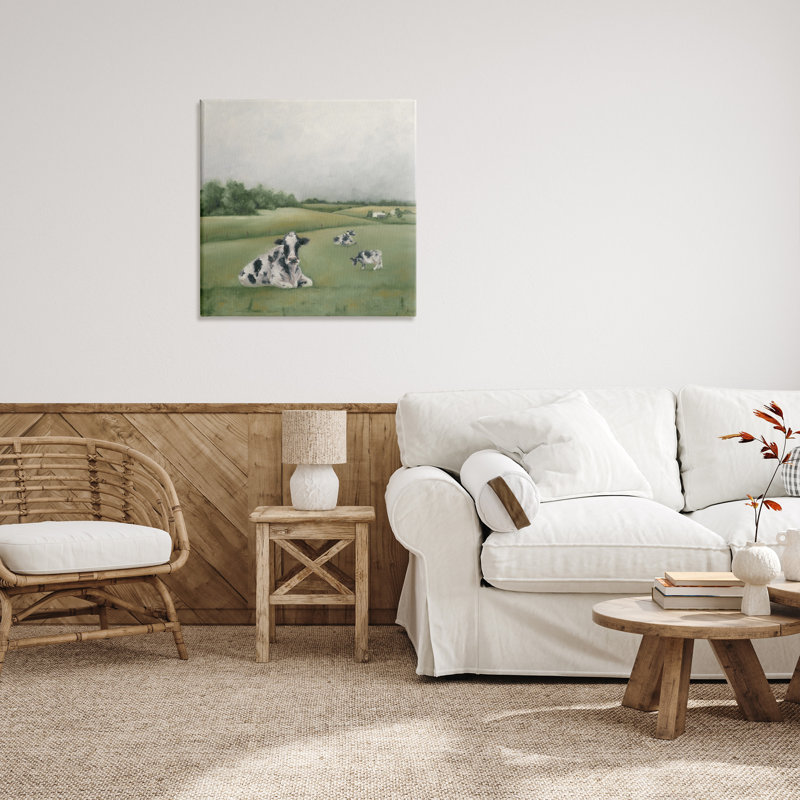 Vaches laitières broutant - peinture sur toile, H 24 po x l 24 po