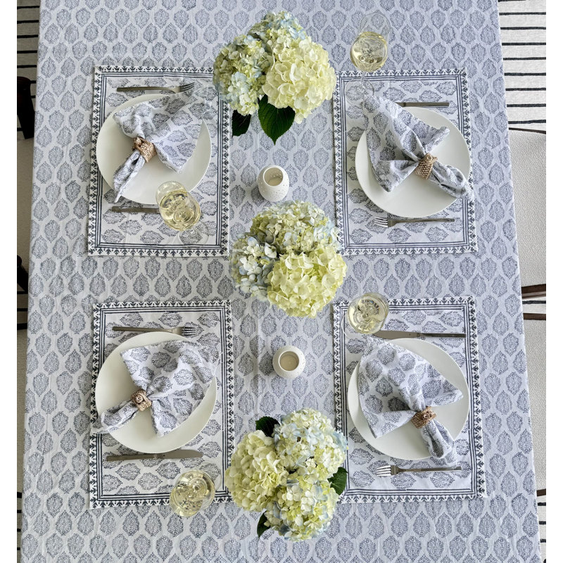 Hand Block Print Tablecloth, Gray, 108" L x 70" W