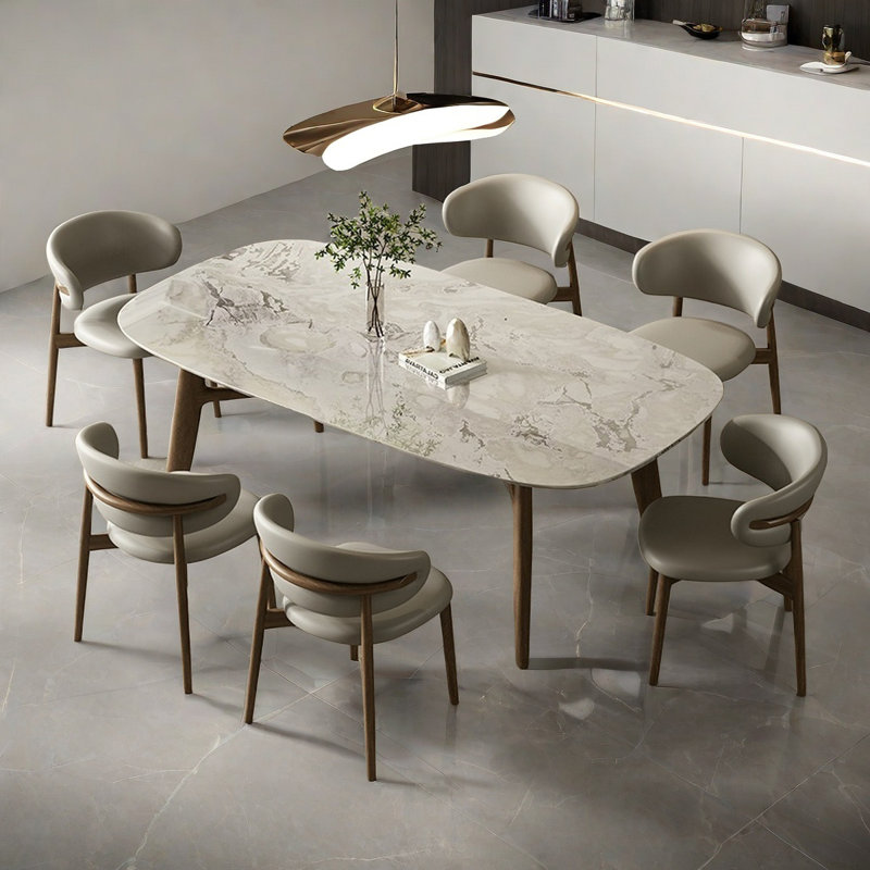 Elegant Natural Marble Dining Table Set, 29.9"H x 63"L x 31.5"W
