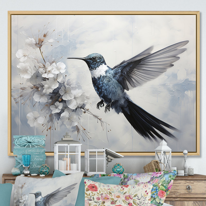 Colibri harmonie florale I sur toile, H 12 po x l 20 po x P 1 po, Cadre naturel flottant