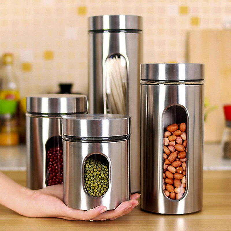 Ensemble de 4 pots en acier inoxydable pour comptoir de cuisine avec fenêtre en verre et couvercles hermétiques, contenants de rangement des aliments, ensemble de rangement pour garde-manger et d'organisation