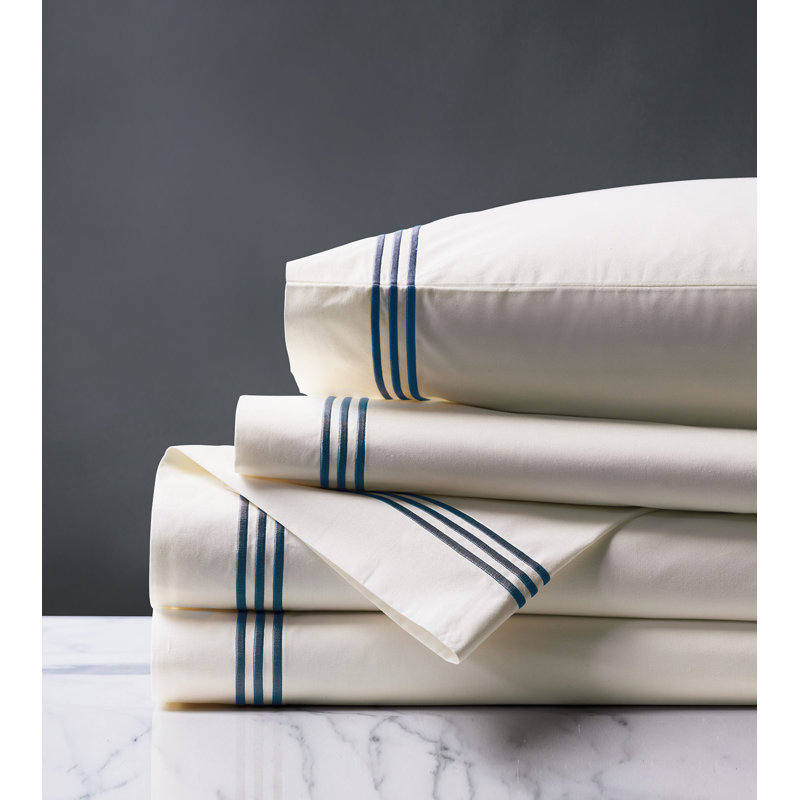 Tessa 100% Cotton Percale Sheet Set, Queen Sheet Set + 2 Pillowcases, Ivory/Navy