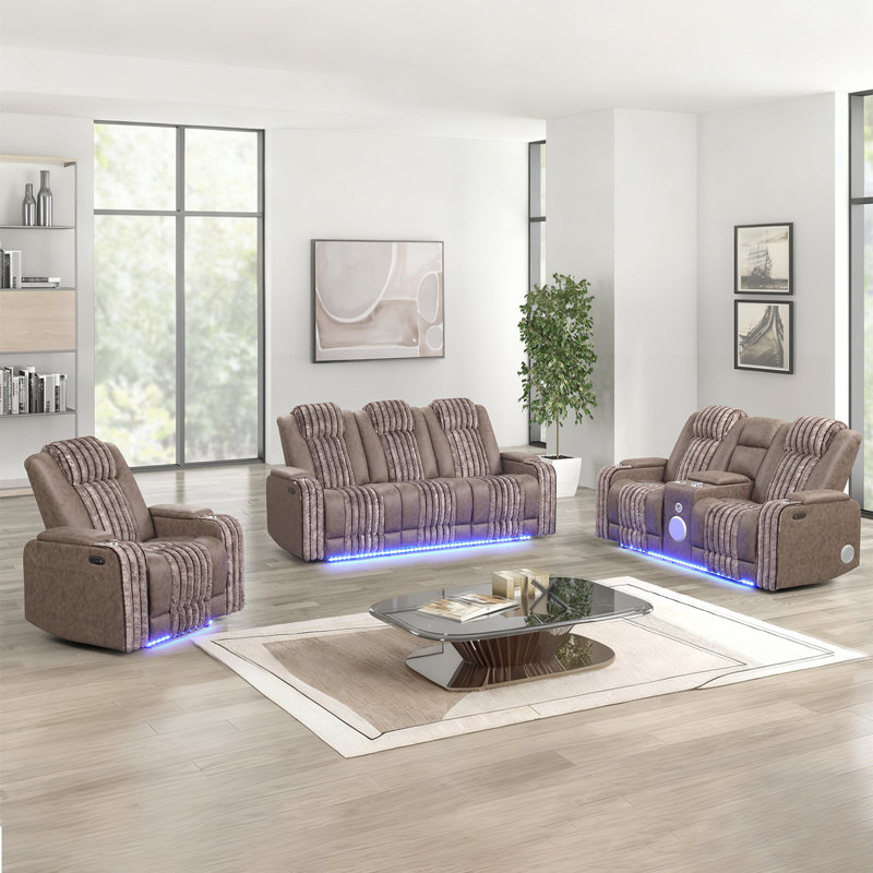 Ensembles inclinables électriques modernes et contemporains avec appuis-tête réglables, prise de courant USB et éclairage à DEL et haut-parleur (canapé + causeuse + fauteuil)