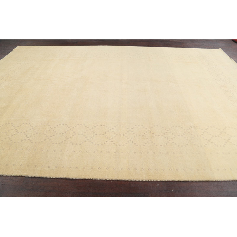 Tapis décoratif beige en laine noué à la main de conception unique 8 pi 4 po x 12 pi 3 po noué à la main New Age