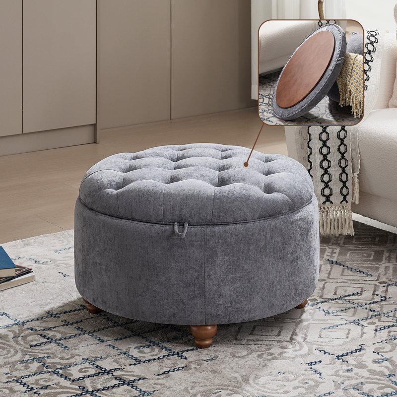 30’’ Wide Upholstered Tufted Round Storage Ottoman, Navy Chenille