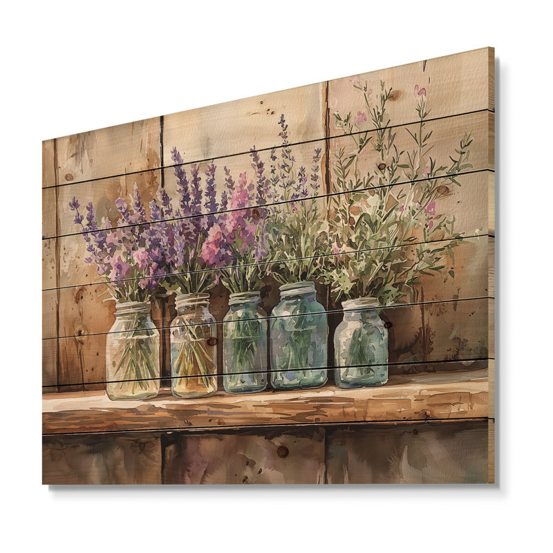 Lavande et bouquet de romarin II - décoration murale en bois de lavande - sur bois de pin naturel