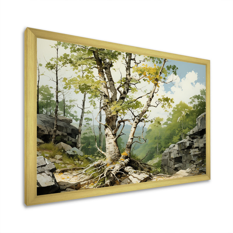 Birch Tree Forest Essence 4 - Art mural arbre, Cadre doré à coins fermés, H 16 po x l 32 po x P 1 po
