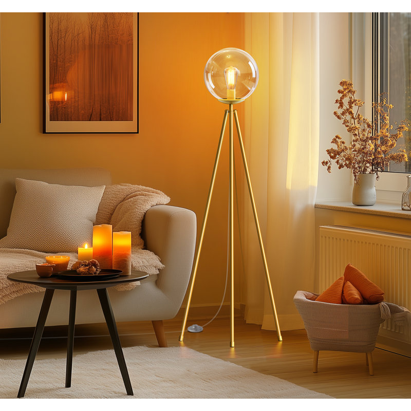 65'' Modern Tripod Floor lamp with Glass Shade，Gold Standing Lamp with LED Bulb for Living Room