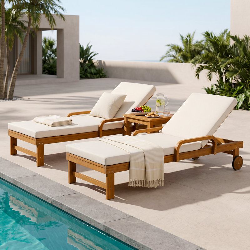 Ensemble de 2 chaises longues d'extérieur en bois d'acacia avec coussins résistants à l'eau et dossier réglable Mavela Sun