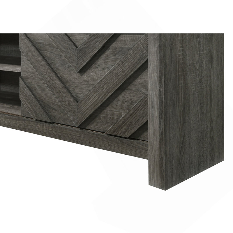 Velz TV Media Stand Cabinet, 2 Chevron Doors. Open Shelves, Dark Grey , Dark Grey
