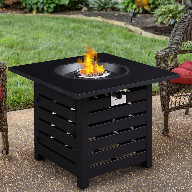 50,000 Auto - Ignition Fire Pit Table, 32 Inch Square, Propane Gas, , Textured Frame, Ideal For Outdoor Entertaining Square Table With Waterproof Cover, Stainless Steel Ignition, Backyard Fun