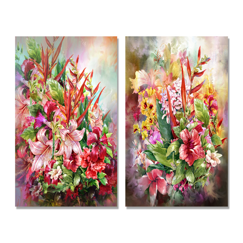 Ensemble de 2 peintures sur toile rétro multicolores printanières, Toile tendue, H 20 po x l 24 po x P 1 po