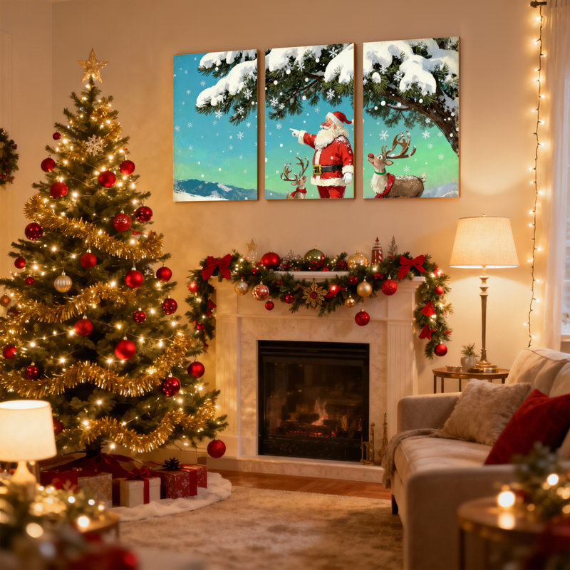 Père Noël de Noël avec renne dans la forêt enneigée, ensemble de 3 impressions sur toile, H 18 po x l 36 po
