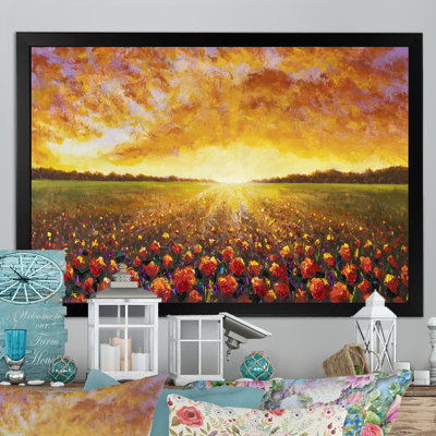 «Sunset On Poppies Wildflowers Field», reproduction sur toile flottante