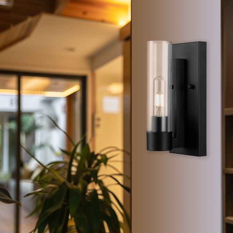 Applique murale 1 lumière noir mat avec abat-jour en verre transparent