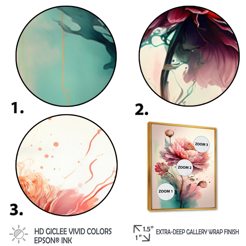 Pivoine rose vif Lozier - reproduction sur toile, H 32 po x l 24 po x P 1 po, Toile avec cadre flottant or