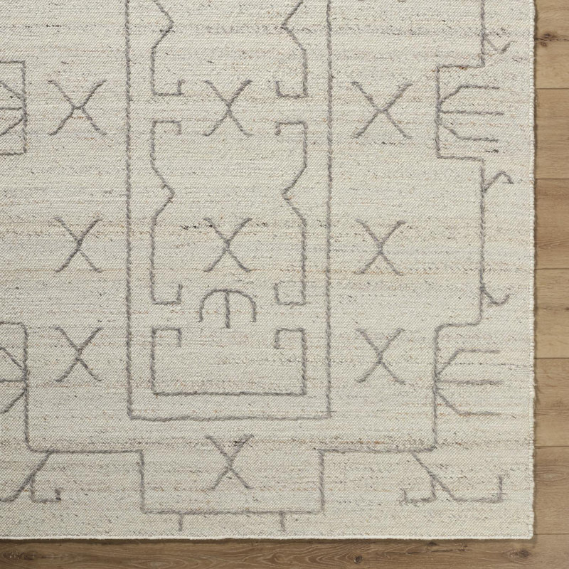 Rectangle Tobbie Geometric Hand Woven Flatweave Wool Area Rug in Pearl, Rectangle 9' x 12'