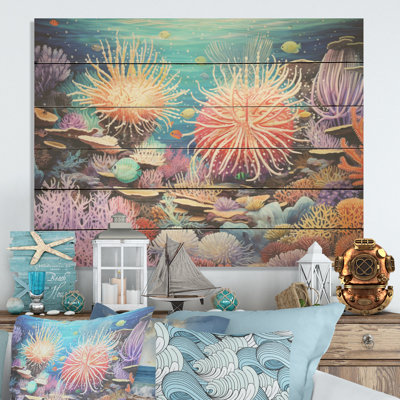 Bleu et mauve couronne d'anémone - corail côtier sous l'eau, art mural sur bois de pin naturel