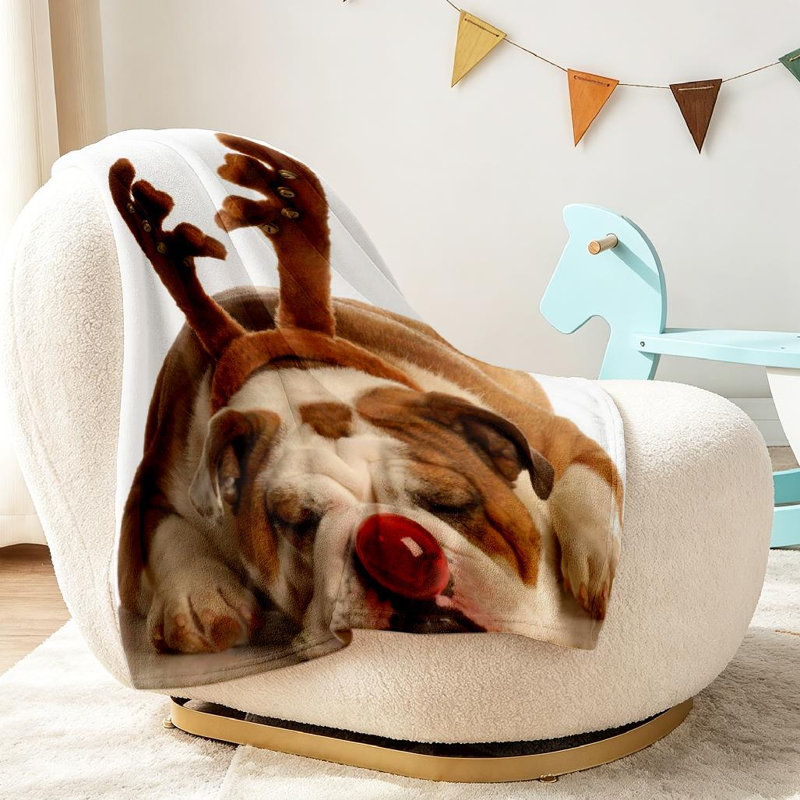 Jeté en flanelle rouge ultra doux, imprimé de chien de Noël Bulldog, Throw 30" x 40"
