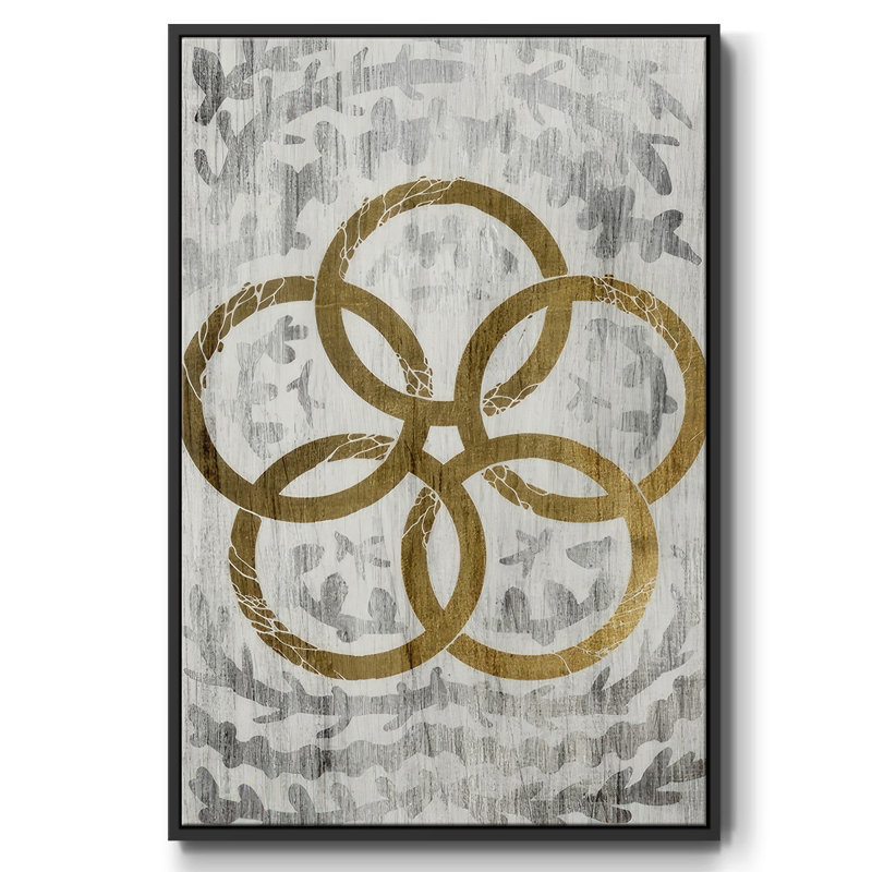 Cinq anneaux d'or - feuille d'or des Fêtes, H 41 po x l 27 po x P 1,5 po, Cadre noir