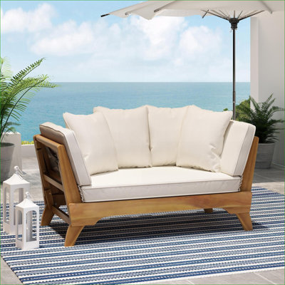 Lit de jour d'extérieur convertible avec accoudoirs réglables, coussins résistants à l'eau pour le porche de la piscine | Coussins en tissu | Bois d'acacia