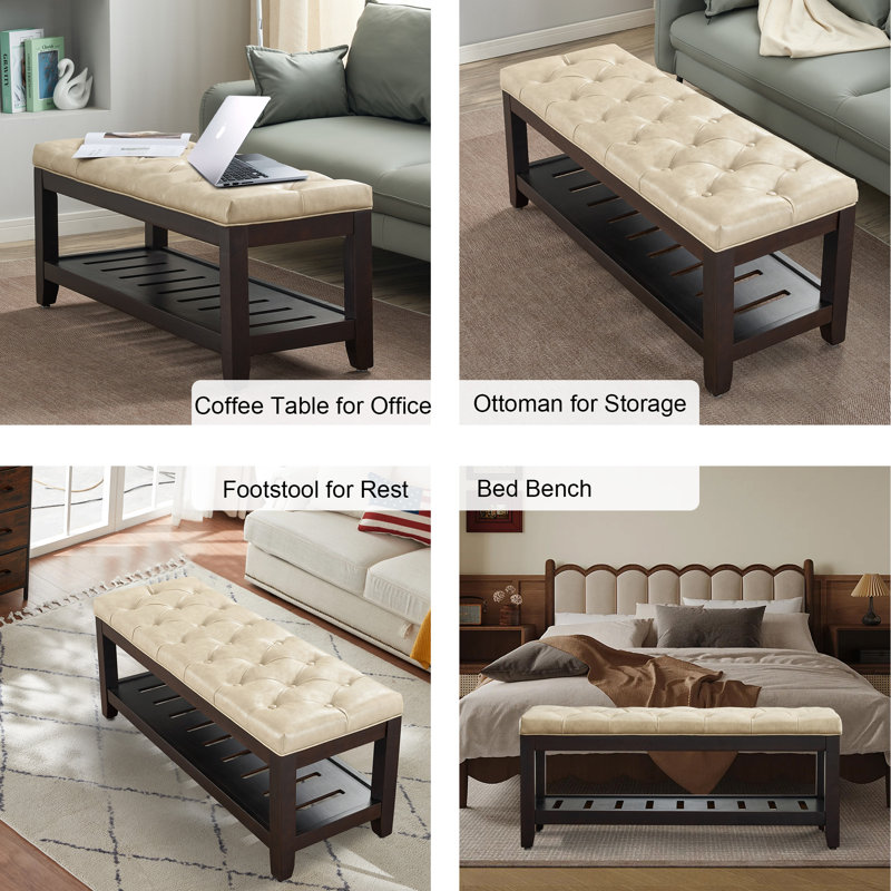 44" Wide Tufted Rectangle Cocktail Ottoman With Storage Tray, Beige