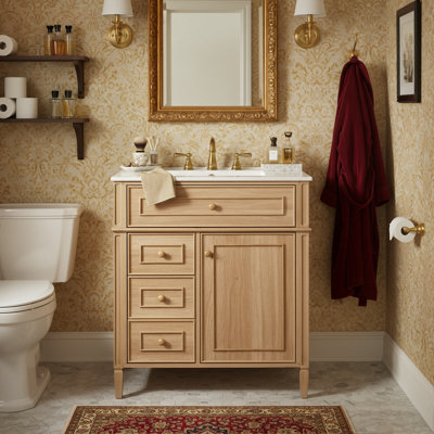 30" Natural Wood Grain Bathroom Vanity With Ceramic Sink, Solid Wood Frame, 1 Flip-Out Drawer & 1 Door Storage Rack & 2 Soft-Close Drawers (Wood / Light Wood)
