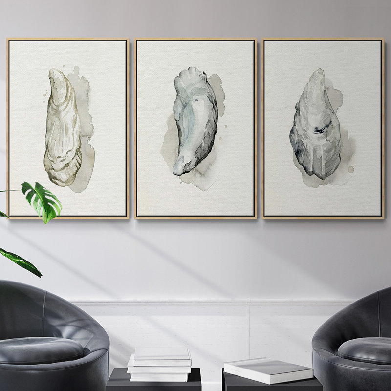Oysters On The Bay I, ensemble de 3 toiles encadrées sur toile, Bois naturel, H 36 po x l 72 po