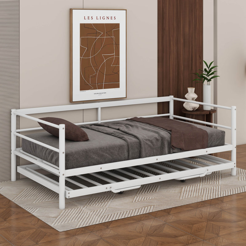 Twin Size Metal Daybed With LED And Adjustable Trundle, Pop Up Trundle