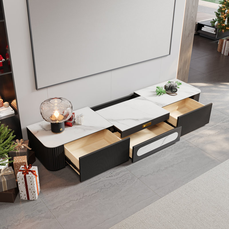 Meuble télé moderne pour projecteur , console média en faux marbre avec tiroirs, pré-assemblage, L 78,74 po