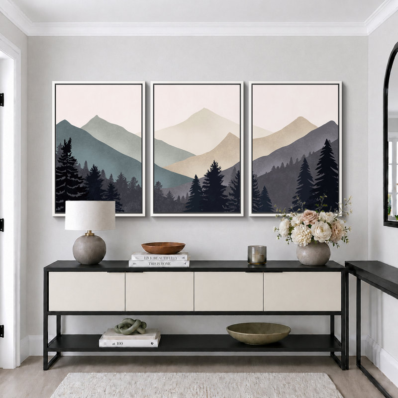 «Sun Mountain Landscape», œuvre abstraite de forêt neutre, images murales minimalistes modernes, impression sur toile encadrée, 3 pièces