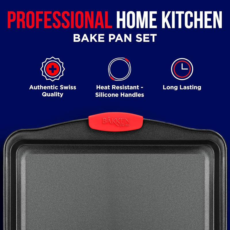 Nonstick Carbon Steel Cookie Sheet Pan Set with Red Silicone Handles