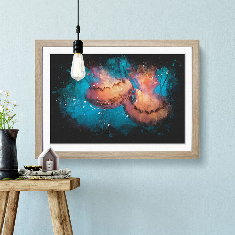 Pink Jellyfish Abstract - Picture Frame Graphic Art Print, 24cm H x 33cm W x 2cm D, Oak Framed