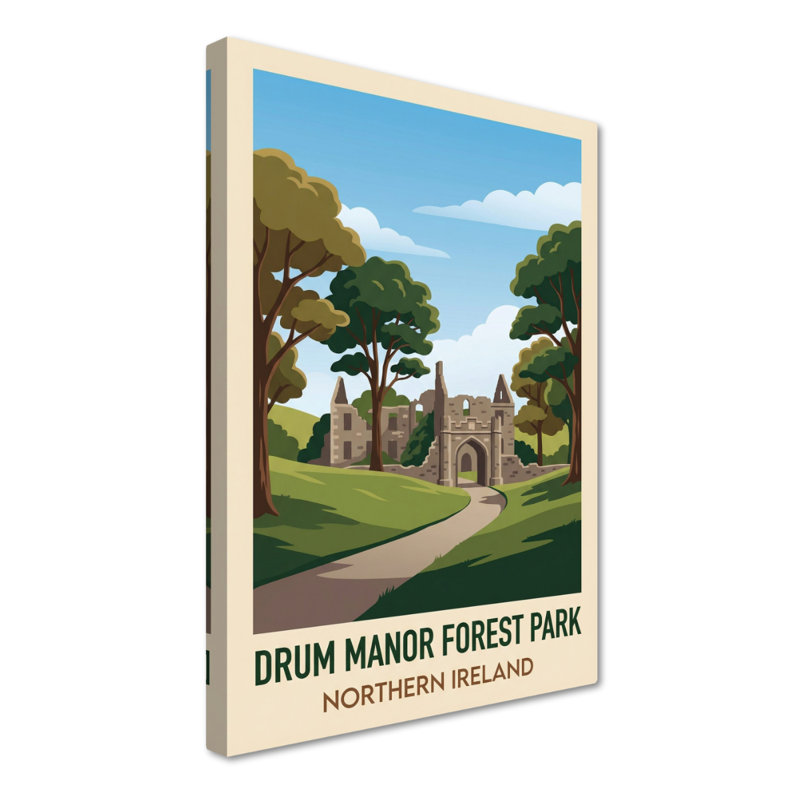 Drum Manor Forest Park, Northern Ireland - Romantic Woodland Ruins Travel Poster. Giclee Print On Wrapped Canvas. Wall Art, Home Decor - Parks & Gardens, Northern Ireland - Wrapped Canvas Print