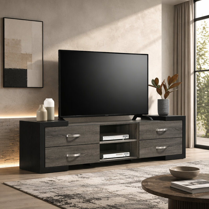 Meuble télé 1Pc avec tablettes ouvertes contemporaines et poignées en métal brossé