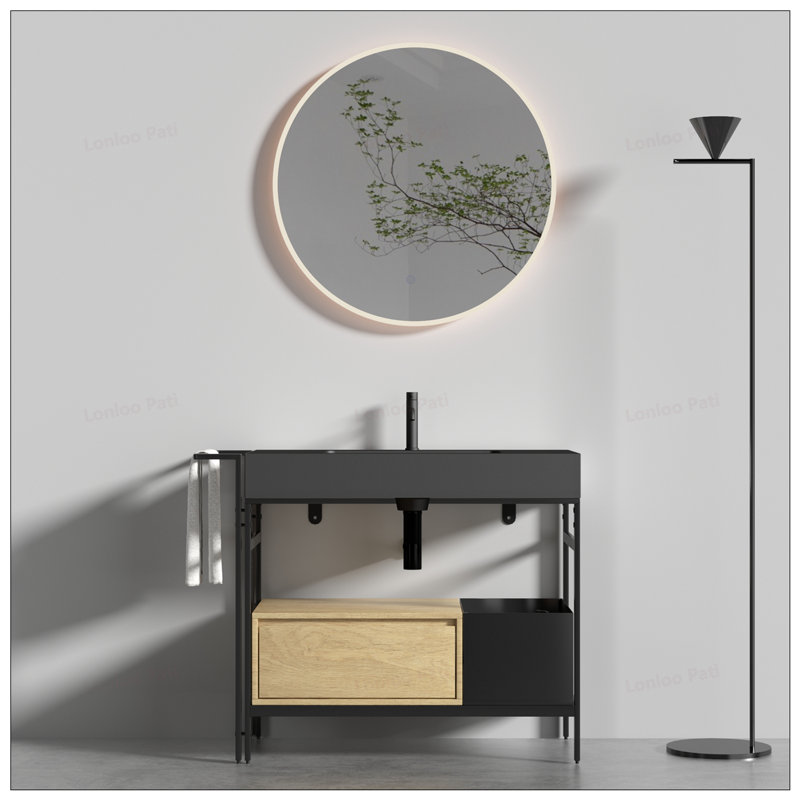 Meuble-lavabo 36 po avec lavabo en pierre artificielle et structure en métal, Blanc