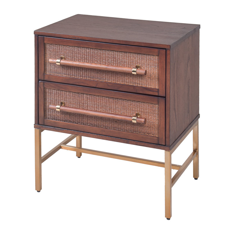 Mochaccino Brown Rattan 2-Drawer Nightstand with Brass Accents