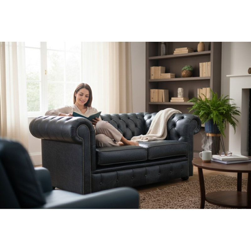 2 Seater Full Grain Leather Sofa, Cracked Wax Black 