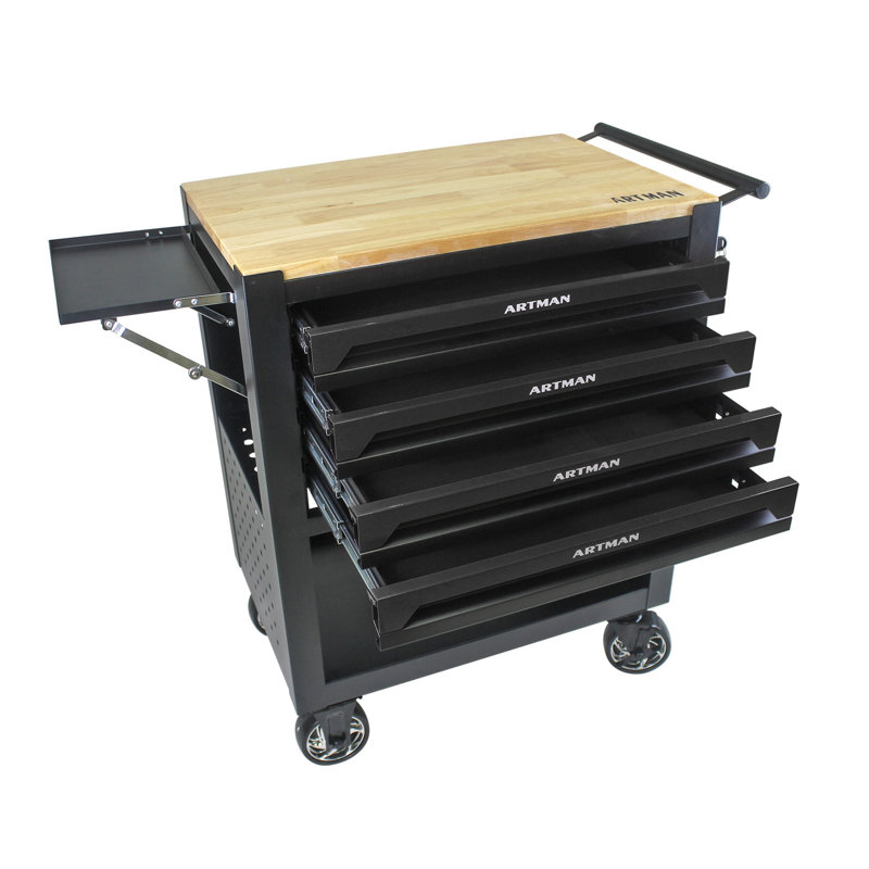 Armoire à outils roulante à 4 tiroirs avec roulettes - Chariot de rangement mobile robuste avec plateau en bois de chêne et tiroirs verrouillables, noir