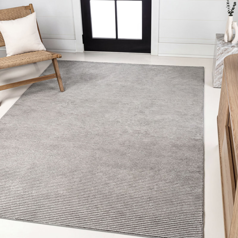 Wolcott Modern Minimalist Pinstripe High-Low Dark Silver/White Rug, Rectangle 3' x 5'