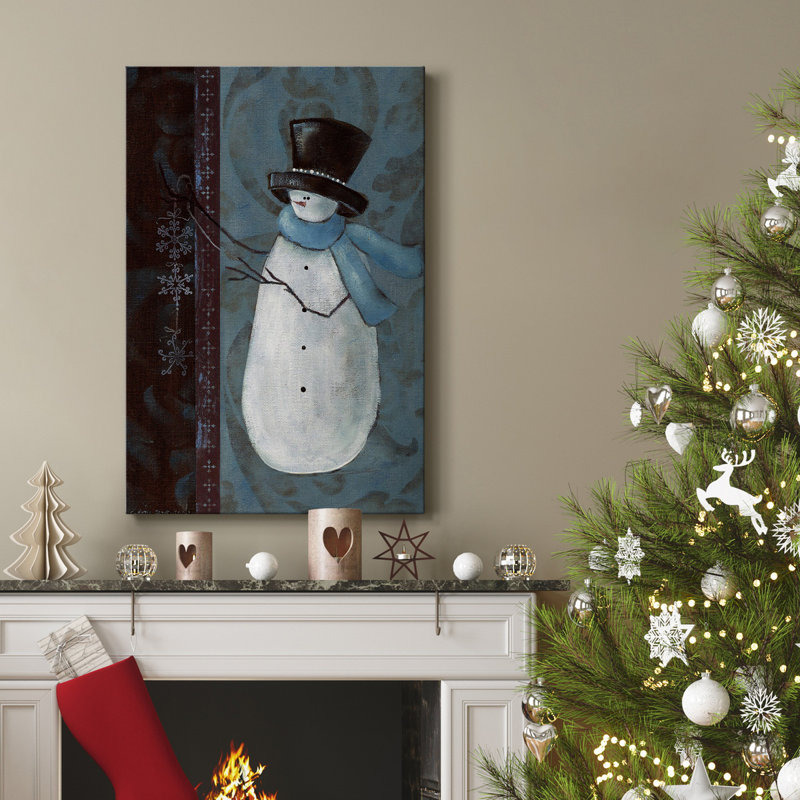 Bonhomme de neige sur toile tendue avec châssis de qualité supérieure - Prêt à accrocher, H 36 po x l 24 po x P 1 po