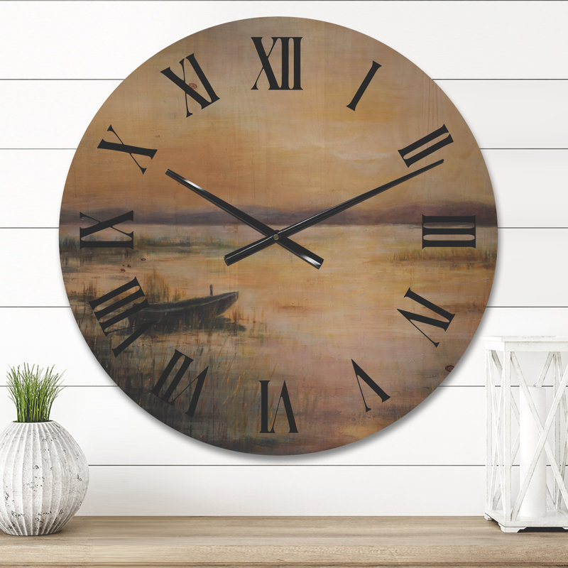 Horloge murale Pastel Sunset Over The Lake - Nautique et côtier, Moyenne, Wood