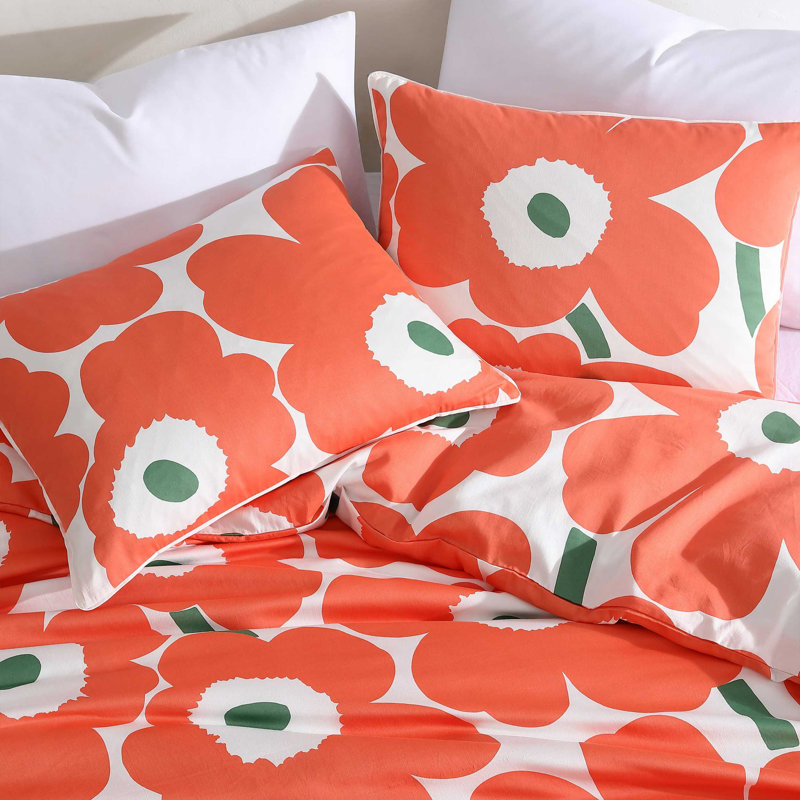 Unikko Orange/Green/White Organic Cotton Duvet Cover Set, Queen Duvet Cover + 2 Standard Shams, Orange/Green/White